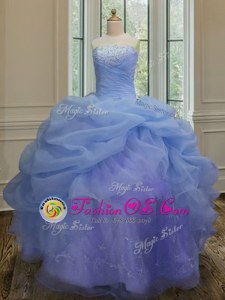 Sleeveless Organza Floor Length Lace Up Quinceanera Dress in Blue for with Embroidery and Pick Ups