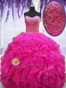 Wonderful Sleeveless Organza Floor Length Lace Up Sweet 16 Quinceanera Dress in Fuchsia for with Beading and Ruffles