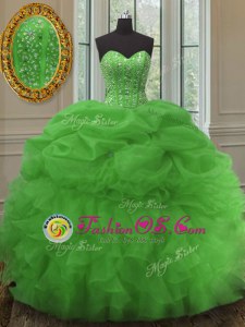 Charming Green Sleeveless Beading and Ruffles and Pick Ups Floor Length Ball Gown Prom Dress