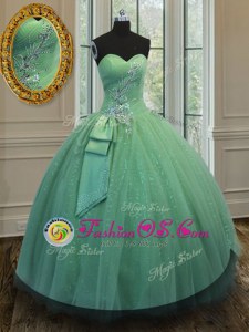 Super Green Lace Up Sweetheart Beading and Ruching and Bowknot Ball Gown Prom Dress Tulle and Sequined Sleeveless