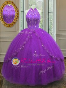 Elegant High-neck Sleeveless Tulle Sweet 16 Quinceanera Dress Beading and Appliques Lace Up