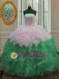 Eye-catching Peach Ball Gowns Sweetheart Sleeveless Organza Floor Length Lace Up Beading and Ruffles 15th Birthday Dress