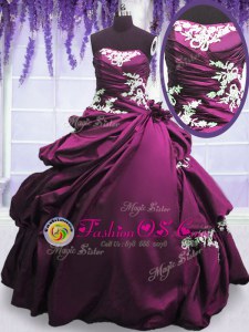 Pretty Purple Ball Gowns Taffeta Strapless Sleeveless Appliques and Pick Ups Floor Length Lace Up Sweet 16 Dresses