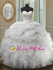 White Ball Gowns Beading and Ruffles and Pick Ups Sweet 16 Dress Lace Up Organza Sleeveless Floor Length
