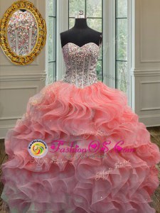 Four Piece Organza Strapless Sleeveless Lace Up Embroidery and Ruffles Quinceanera Dress in Watermelon Red