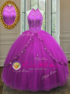Classical Floor Length Lace Up Quinceanera Gowns Fuchsia and In for Military Ball and Sweet 16 and Quinceanera with Beading and Appliques