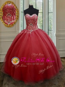 Customized Floor Length Lace Up Sweet 16 Dresses Red and In for Military Ball and Sweet 16 and Quinceanera with Beading