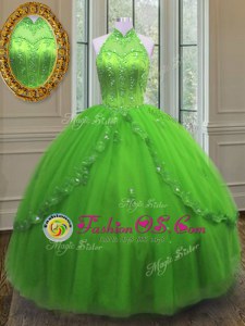 Fantastic Halter Top Floor Length Vestidos de Quinceanera Tulle Sleeveless Beading and Appliques