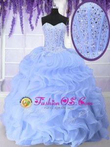 Light Blue Ball Gowns Beading and Ruffles Quinceanera Dress Lace Up Organza Sleeveless Floor Length