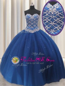 High Class Floor Length Royal Blue Quinceanera Gown Tulle Sleeveless Beading and Sequins