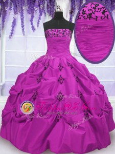Fuchsia Strapless Neckline Embroidery and Pick Ups Vestidos de Quinceanera Sleeveless Lace Up