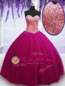 Most Popular Sweetheart Sleeveless Sweet 16 Dresses Floor Length Beading Hot Pink Tulle