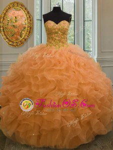 Orange Lace Up Sweetheart Beading and Ruffles Quinceanera Gowns Organza Sleeveless