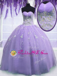 Delicate Floor Length Zipper Quinceanera Gown Lavender and In for Military Ball and Sweet 16 and Quinceanera with Beading