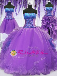 Four Piece Lavender Lace Up Sweet 16 Dresses Embroidery and Ruffles Sleeveless Floor Length