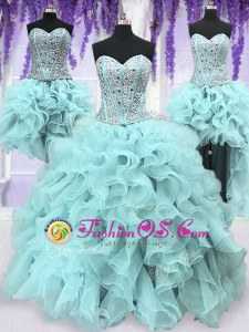 Fantastic Four Piece Sweetheart Sleeveless Quinceanera Gown Floor Length Ruffles and Sequins Light Blue Organza