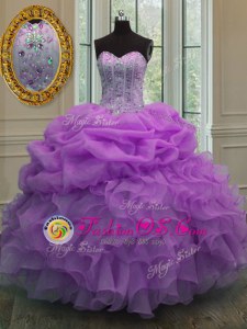 Lilac Organza Lace Up Scoop Sleeveless Floor Length 15 Quinceanera Dress Beading and Ruffles