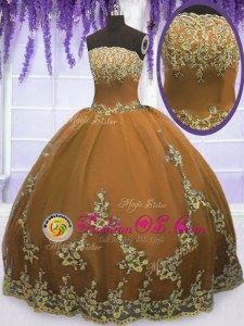 Floor Length Zipper Sweet 16 Dress Brown and In for Military Ball and Sweet 16 and Quinceanera with Appliques