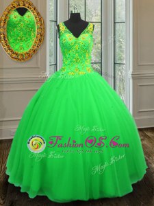 Ball Gowns Quinceanera Gown Green V-neck Tulle Sleeveless Floor Length Zipper