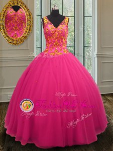 Unique Ball Gowns Sweet 16 Dress Hot Pink V-neck Tulle Sleeveless Floor Length Zipper