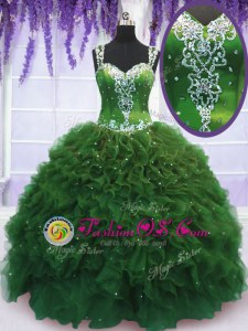 Comfortable Straps Floor Length Zipper Quince Ball Gowns Green and In for Military Ball and Sweet 16 and Quinceanera with Beading and Ruffles