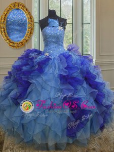 Strapless Sleeveless Sweet 16 Dress Floor Length Beading and Ruffles Multi-color Organza