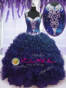 Exceptional Straps Floor Length Navy Blue Quinceanera Dresses Tulle Sleeveless Beading and Ruffles