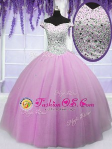 Lilac Off The Shoulder Neckline Beading Sweet 16 Quinceanera Dress Short Sleeves Lace Up