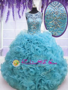 Square Baby Blue Sleeveless Organza Lace Up Vestidos de Quinceanera for Military Ball and Sweet 16 and Quinceanera