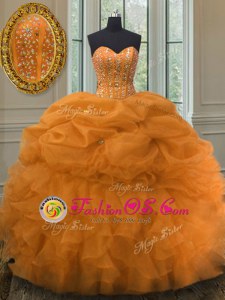 Charming Orange Sleeveless Floor Length Beading and Ruffles and Pick Ups Lace Up Sweet 16 Dress