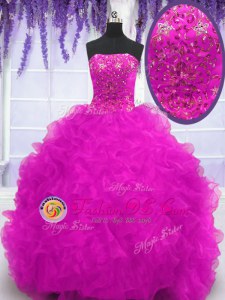 Romantic Fuchsia Sweet 16 Dresses Military Ball and Sweet 16 and Quinceanera and For with Beading and Appliques and Ruffles Strapless Sleeveless Brush Train Lace Up