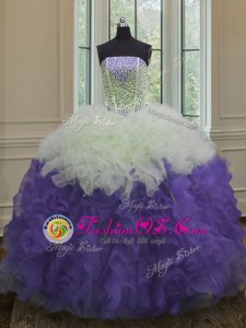 Traditional Beading and Ruffles Quinceanera Gowns White And Purple Lace Up Sleeveless Floor Length