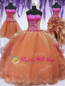 Hot Selling Four Piece Orange Organza Lace Up Strapless Sleeveless Floor Length Vestidos de Quinceanera Embroidery and Ruffles