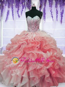 Red Organza Lace Up Sweet 16 Dresses Sleeveless Floor Length Beading and Ruffles