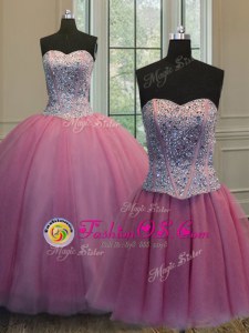 Customized Three Piece Sleeveless Organza Floor Length Lace Up 15 Quinceanera Dress in Rose Pink for with Beading