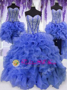 Elegant Four Piece Sleeveless Lace Up Floor Length Ruffles and Sequins Sweet 16 Dresses