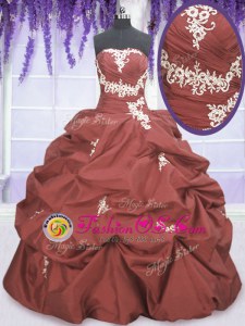 High End Sleeveless Floor Length Appliques and Pick Ups Lace Up Sweet 16 Quinceanera Dress with Rust Red