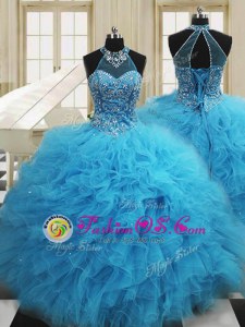 Trendy Scoop Sleeveless Quinceanera Gown Floor Length Beading and Ruffles Baby Blue Tulle