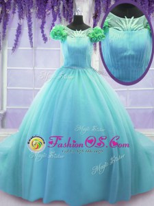 Fantastic Scoop Blue Tulle Lace Up Vestidos de Quinceanera Short Sleeves Court Train Hand Made Flower