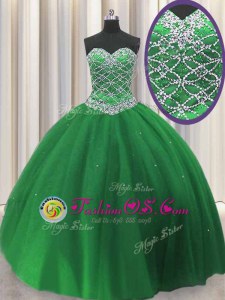 Floor Length Green Vestidos de Quinceanera Tulle Sleeveless Beading