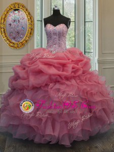 Smart Watermelon Red Ball Gowns Organza Sweetheart Sleeveless Beading and Pick Ups Floor Length Lace Up Quinceanera Gown