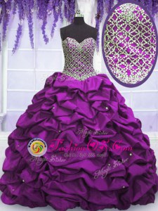 Hot Sale Floor Length Purple Quinceanera Gown Taffeta Sleeveless Beading and Sequins and Pick Ups