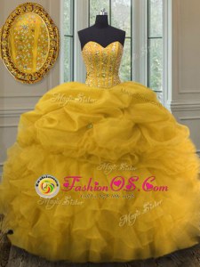 Decent Organza Sweetheart Sleeveless Lace Up Beading and Ruffles and Pick Ups Quinceanera Gown in Gold