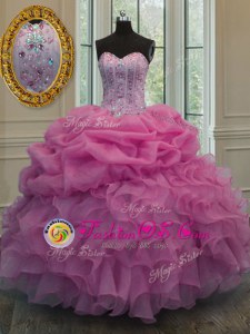 Deluxe Sweetheart Sleeveless Quinceanera Gowns Floor Length Beading and Ruffles and Pick Ups Rose Pink Organza