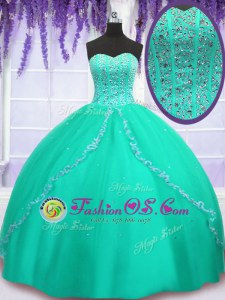 High End Turquoise Tulle Lace Up Sweetheart Sleeveless Floor Length Sweet 16 Quinceanera Dress Beading and Sequins