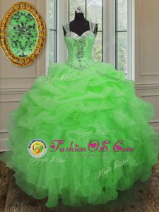 Straps Organza Zipper 15th Birthday Dress Sleeveless Floor Length Beading and Ruffles