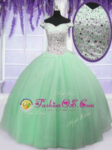 Off the Shoulder Sleeveless Tulle Floor Length Lace Up 15th Birthday Dress in Apple Green for with Beading