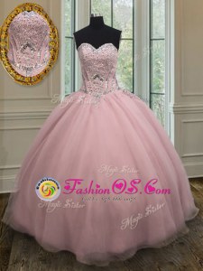 Best Selling Baby Pink Ball Gowns Organza Sweetheart Sleeveless Beading and Belt Floor Length Lace Up Sweet 16 Dress