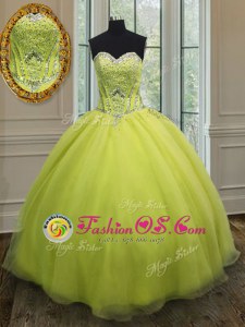 Edgy Yellow Green Lace Up Sweetheart Beading and Belt Quinceanera Gown Organza Sleeveless