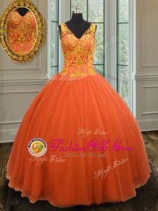 Orange Red Tulle Zipper Sweet 16 Dresses Sleeveless Floor Length Beading